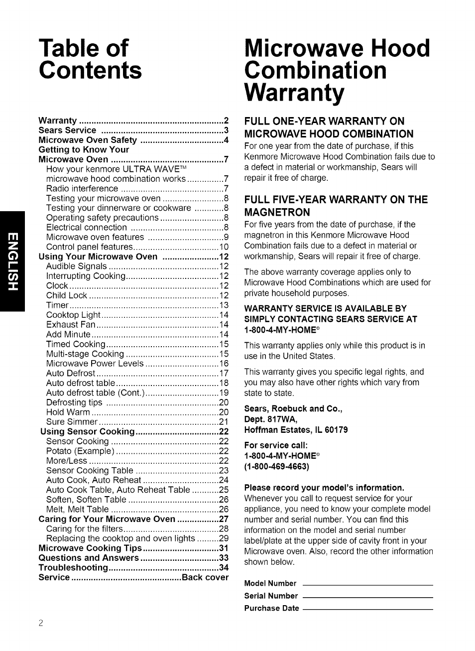 Microwave hood, Combination, Warranty | Kenmore 721.80869 User Manual | Page 2 / 35