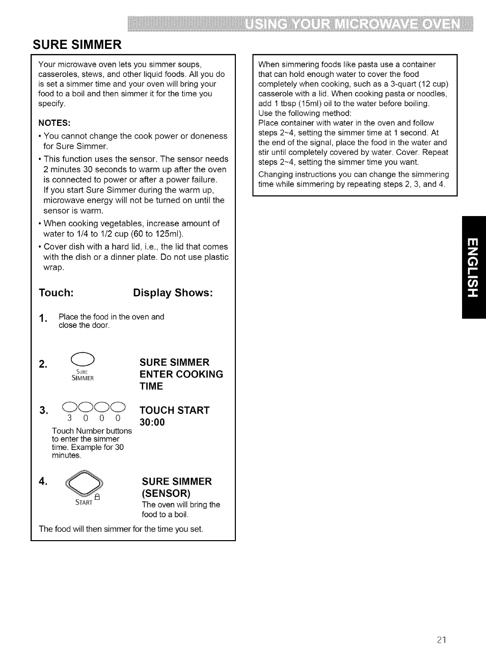 Notes, Sure simmer enter cooking time, Touch start 30:00 | Sure simmer (sensor), Sure simmer | Kenmore 721.80869 User Manual | Page 21 / 35