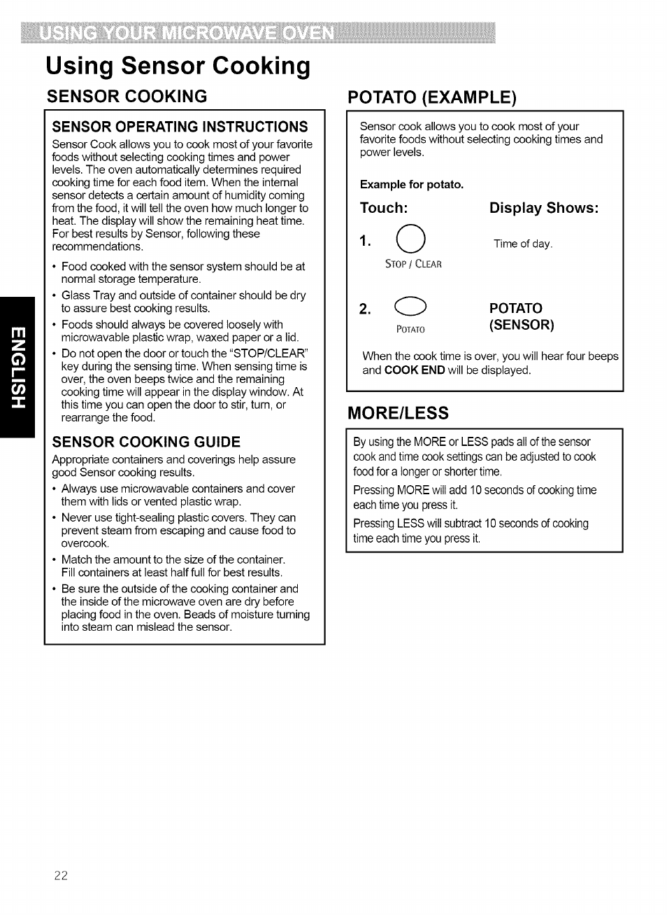 Sensor cooking, Potato (example), More/less | Using sensor cooking | Kenmore 721.80869 User Manual | Page 22 / 35