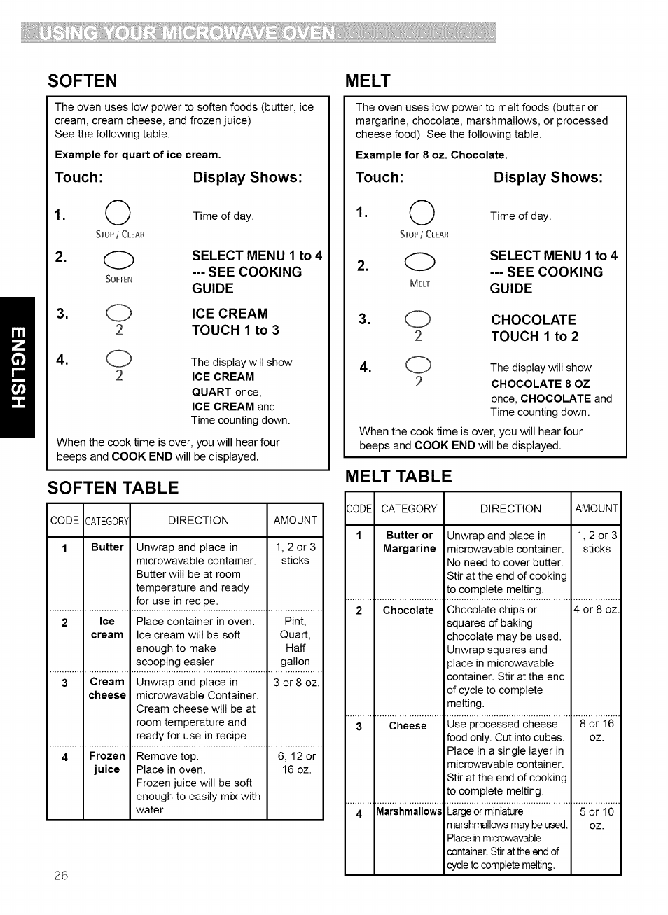 Soften table, Melt table | Kenmore 721.80869 User Manual | Page 26 / 35