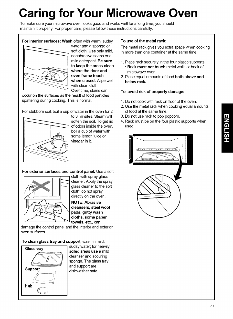 Caring for your microwave oven, To clean glass tray and support, wash in mild, To use of the metal rack | To avoid risk of property damage | Kenmore 721.80869 User Manual | Page 27 / 35