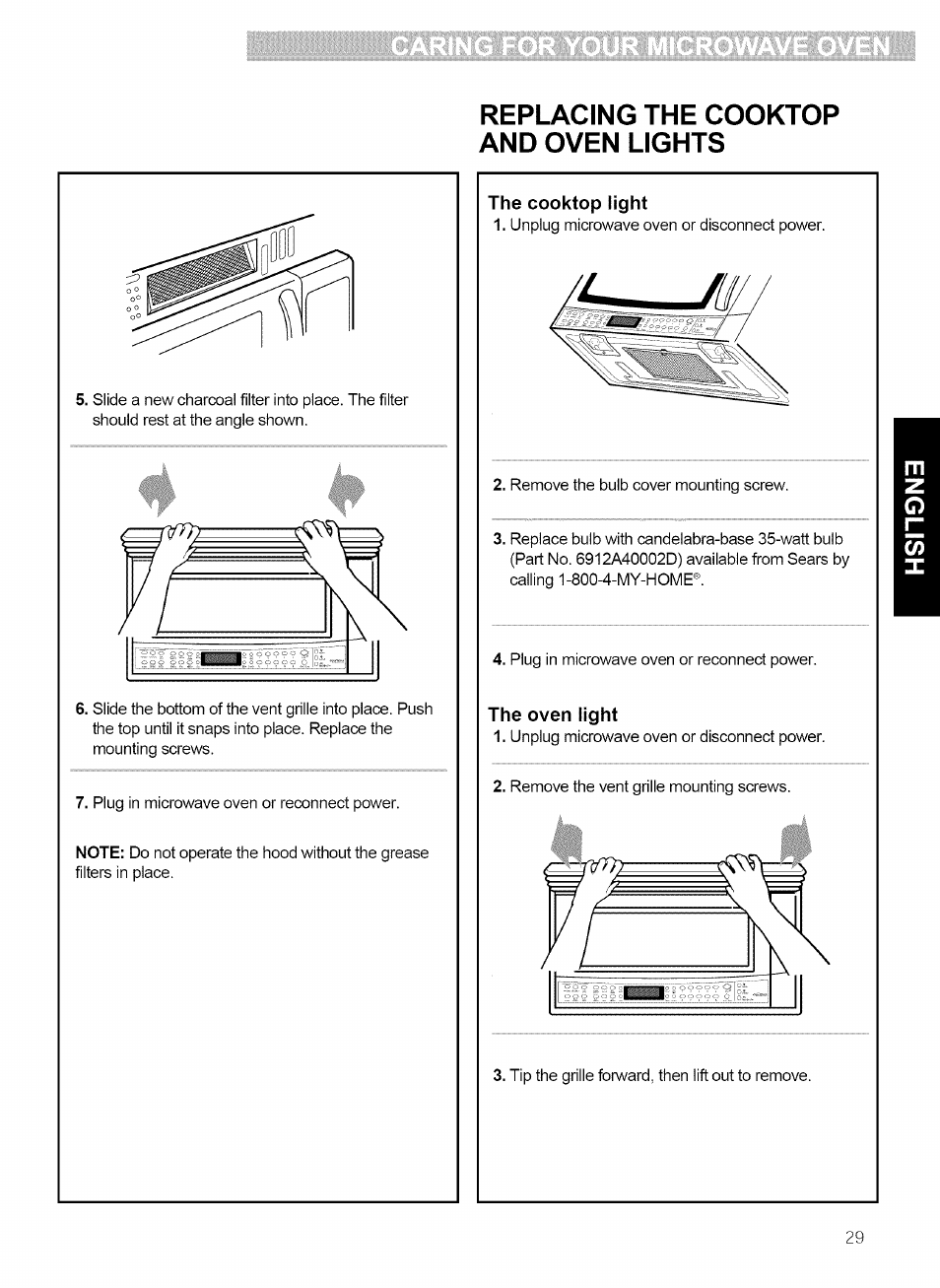 The cooktop light, The oven light, Replacing the cooktop and oven lights | Kenmore 721.80869 User Manual | Page 29 / 35