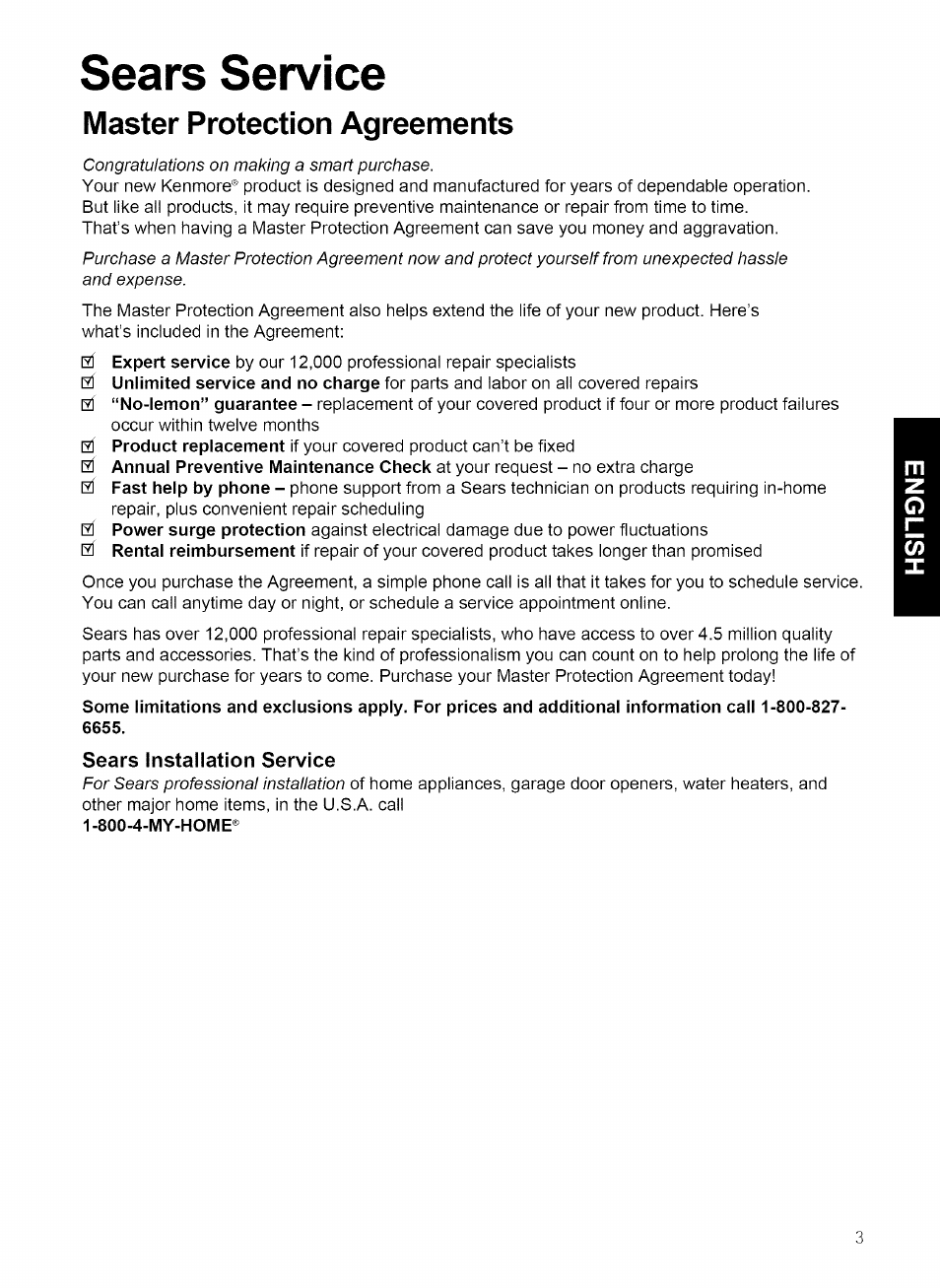 Sears service, Master protection agreements, Sears installation service | Kenmore 721.80869 User Manual | Page 3 / 35