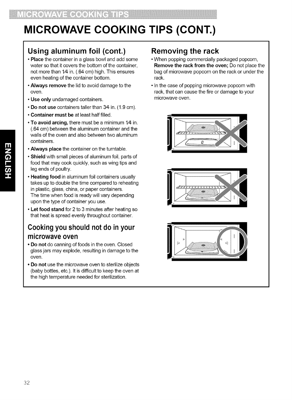 Microwave cooking tips (cont.), Using aluminum foil (cont.), Removing the rack | Kenmore 721.80869 User Manual | Page 32 / 35