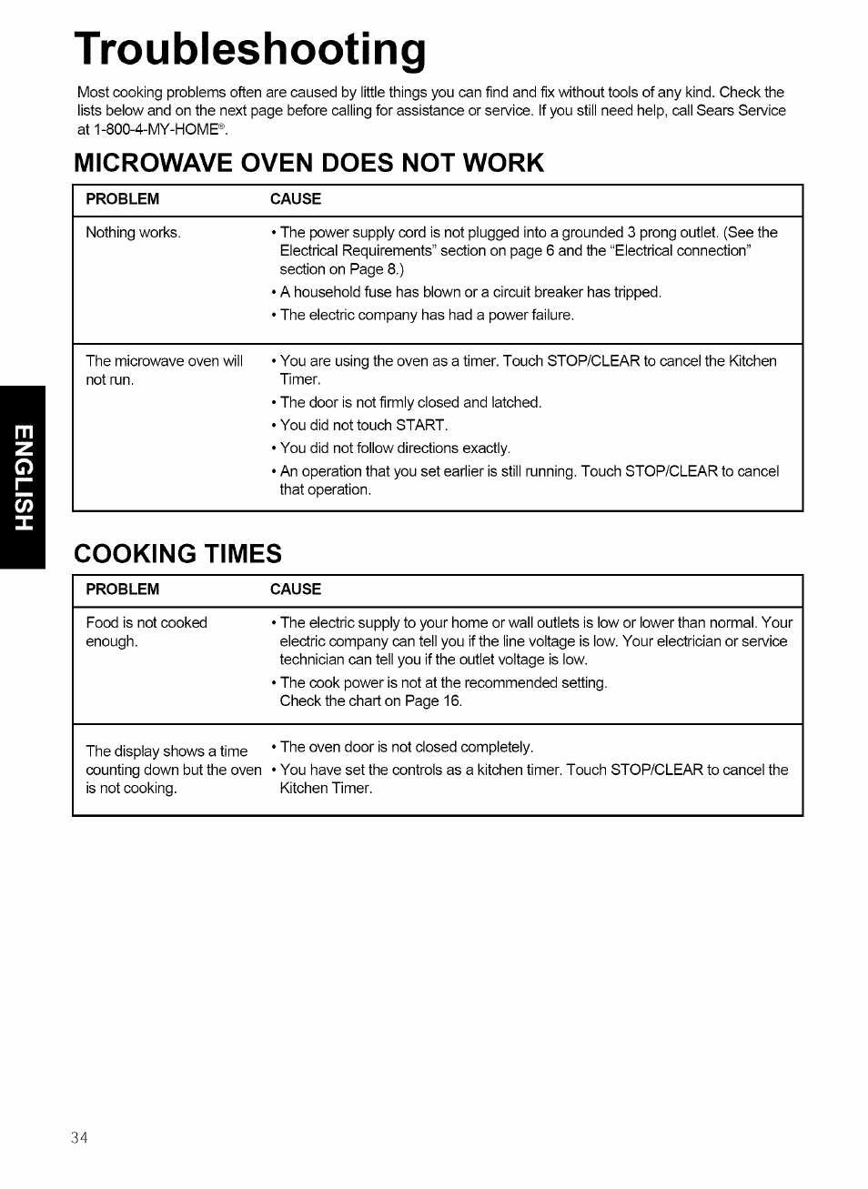 Troubleshooting, Microwave oven does not work, Cooking times | Kenmore 721.80869 User Manual | Page 34 / 35