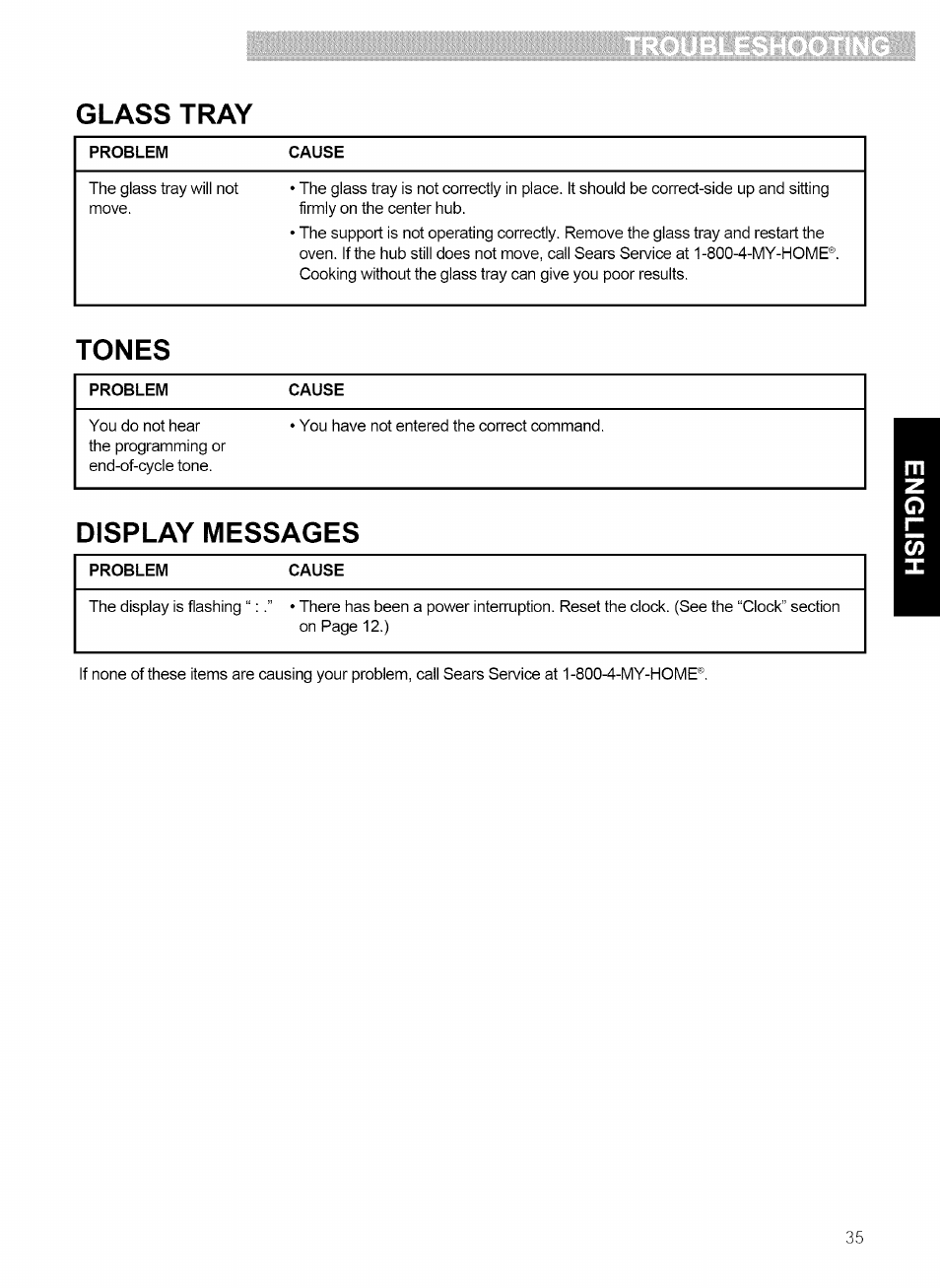 Glass tray, Tones, Display messages | Kenmore 721.80869 User Manual | Page 35 / 35