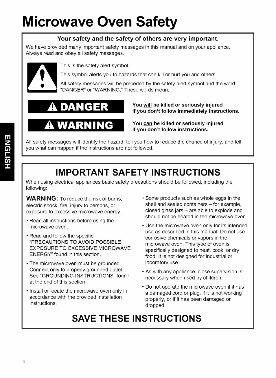 Microwave oven safety, Danger, Warning | Important safety instructions, Save these instructions | Kenmore 721.80869 User Manual | Page 4 / 35