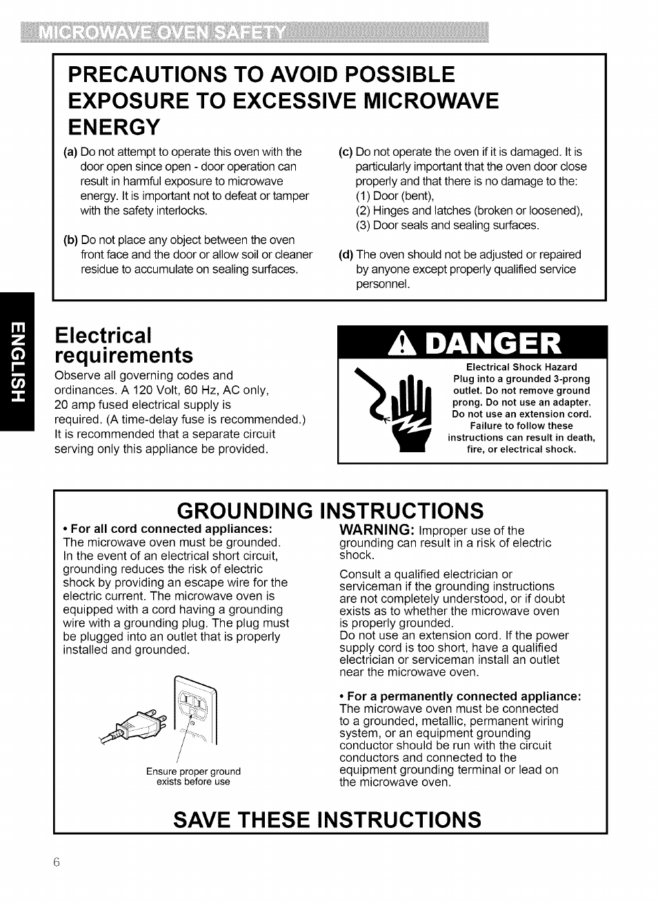 Danger, Electrical requirements, Grounding instructions | Save these instructions | Kenmore 721.80869 User Manual | Page 6 / 35