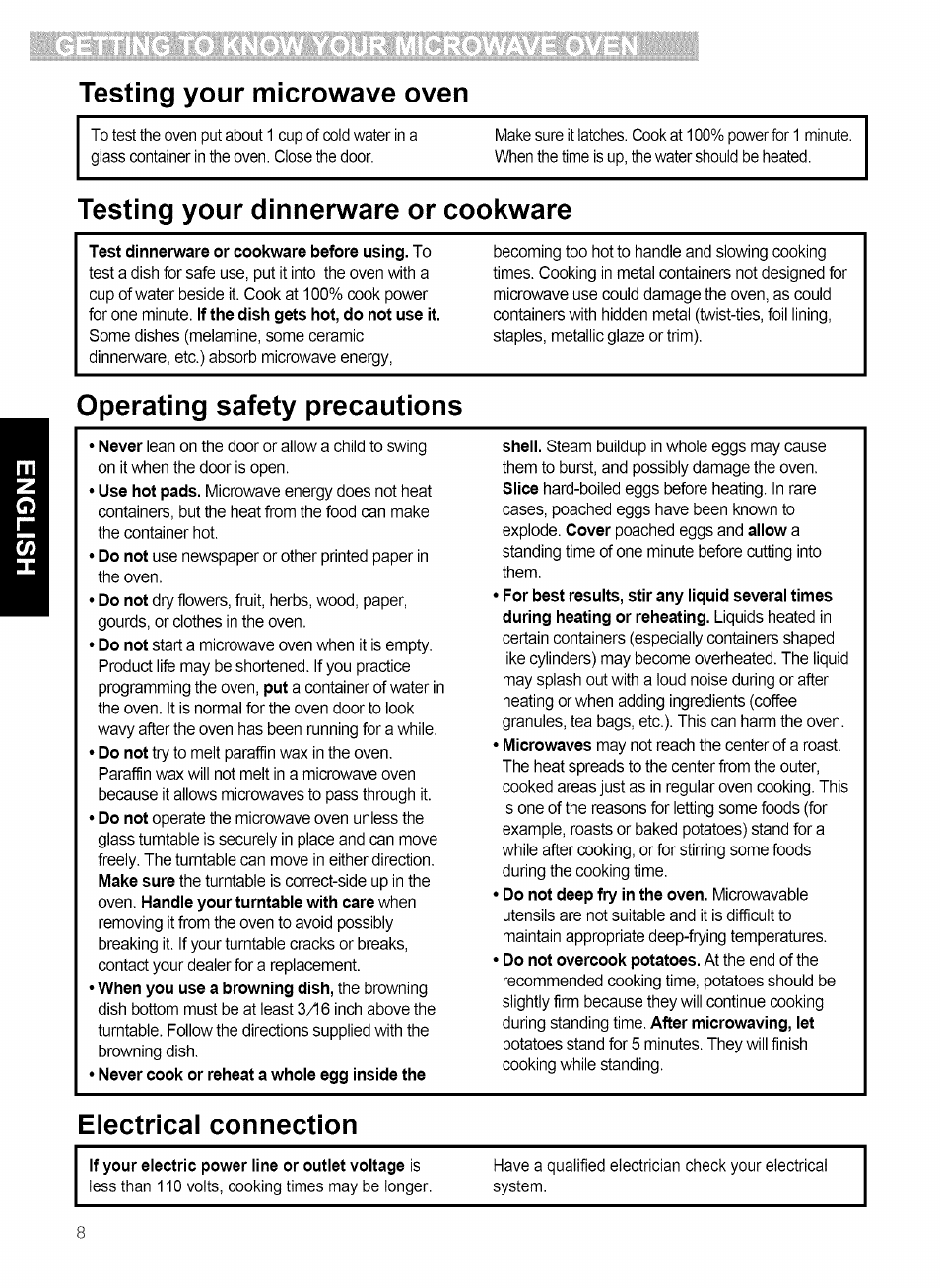 Testing your microwave oven, Testing your dinnerware or cookware, Operating safety precautions | Electrical connection | Kenmore 721.80869 User Manual | Page 8 / 35