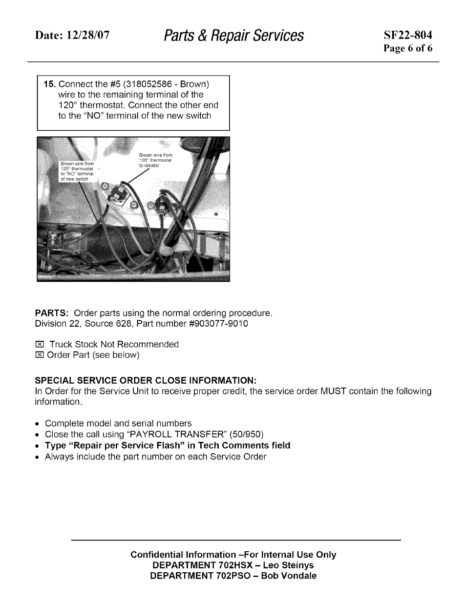 Special service order close information, Parts & repair services | Kenmore SF22-804 User Manual | Page 6 / 6