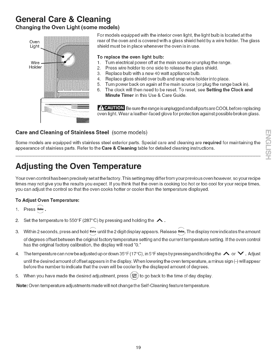 To replace the oven light bulb, Care and cleaning of stainless steel (some models), To adjust oven temperature | General care & cleaning, Adjusting the oven temperature | Kenmore 790.9411 User Manual | Page 19 / 22