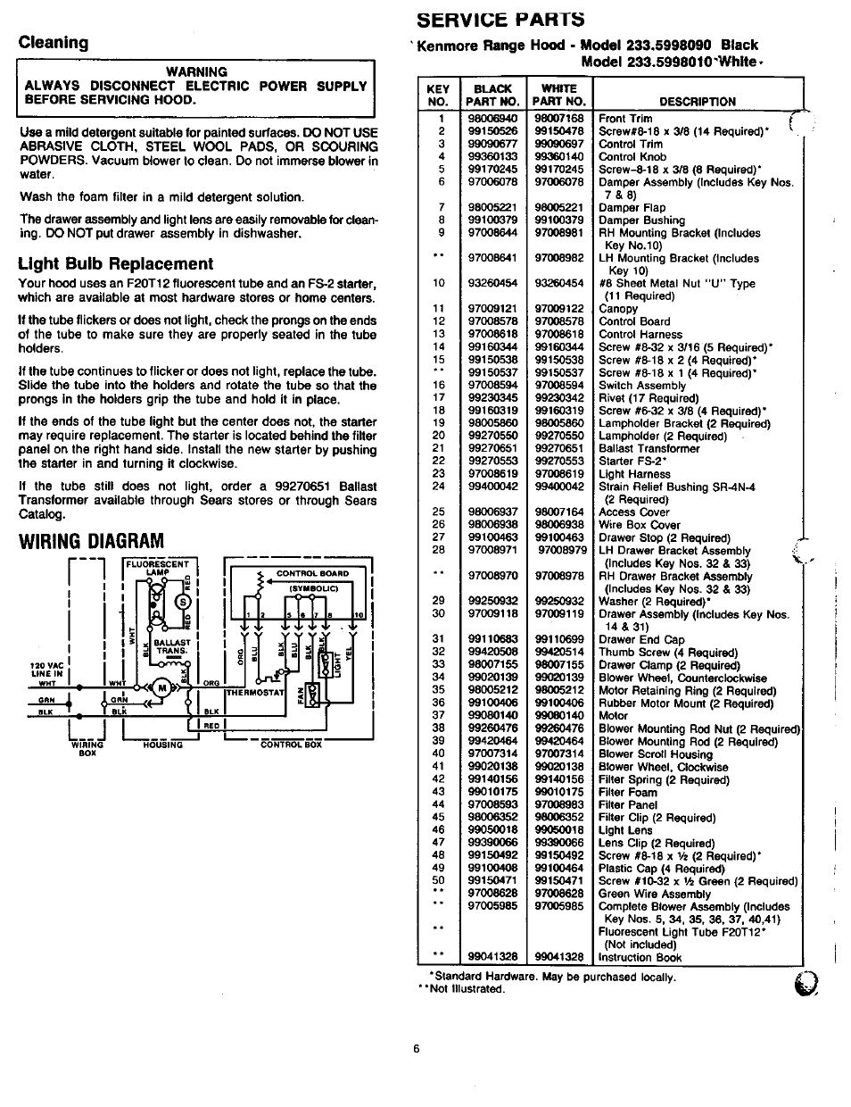 Cleaning service parts, Light bulb replacement, Wiring diagram | Kenmore range hood | Kenmore 233.599801 User Manual | Page 2 / 3