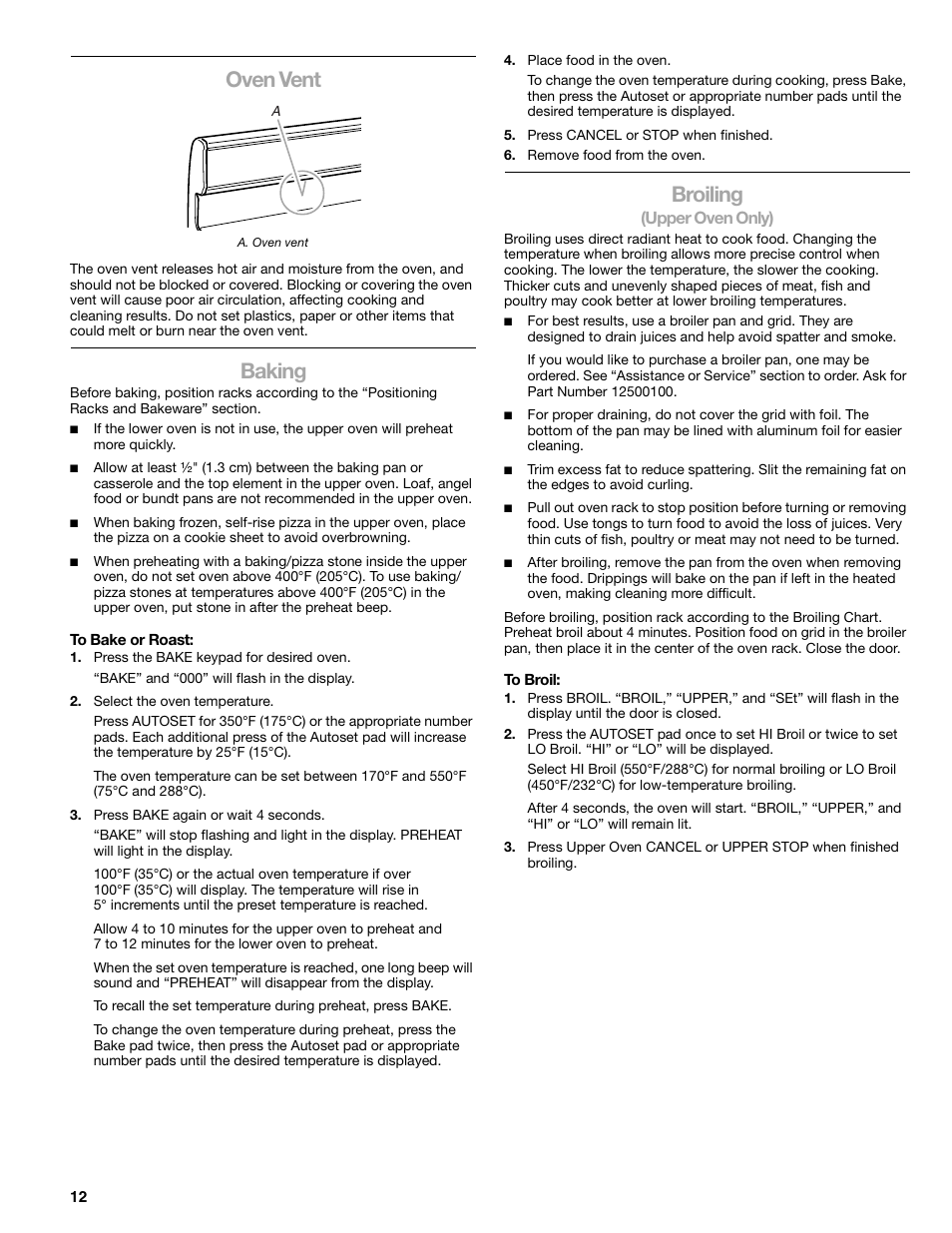 Oven vent, Baking, Broiling | Kenmore 66578002700 User Manual | Page 12 / 44