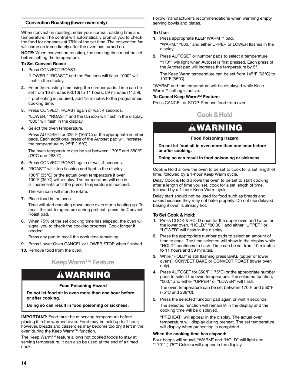 Warning, Keep warm™ feature, Cook & hold | Kenmore 66578002700 User Manual | Page 14 / 44