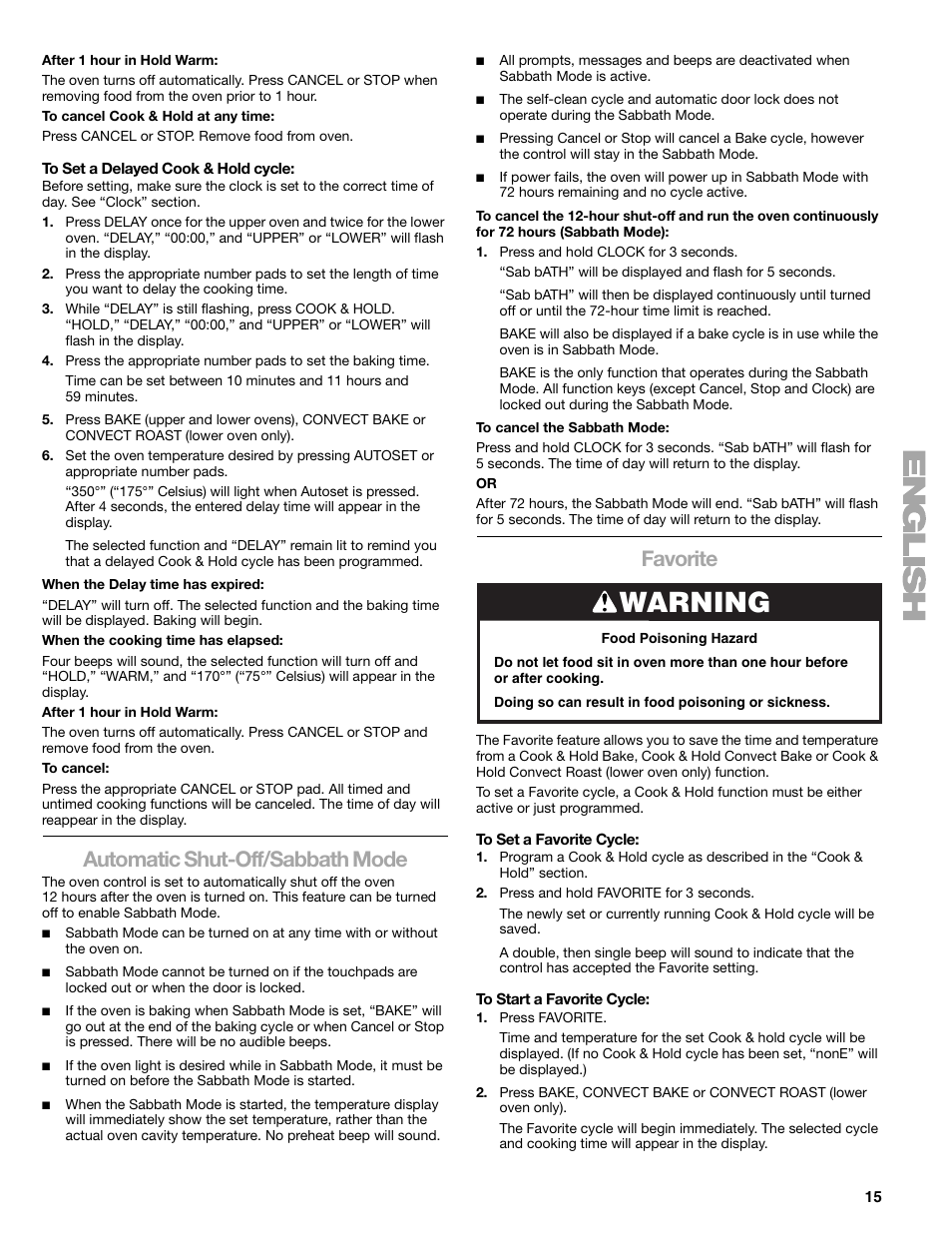 Warning, Automatic shut-off/sabbath mode, Favorite | Kenmore 66578002700 User Manual | Page 15 / 44