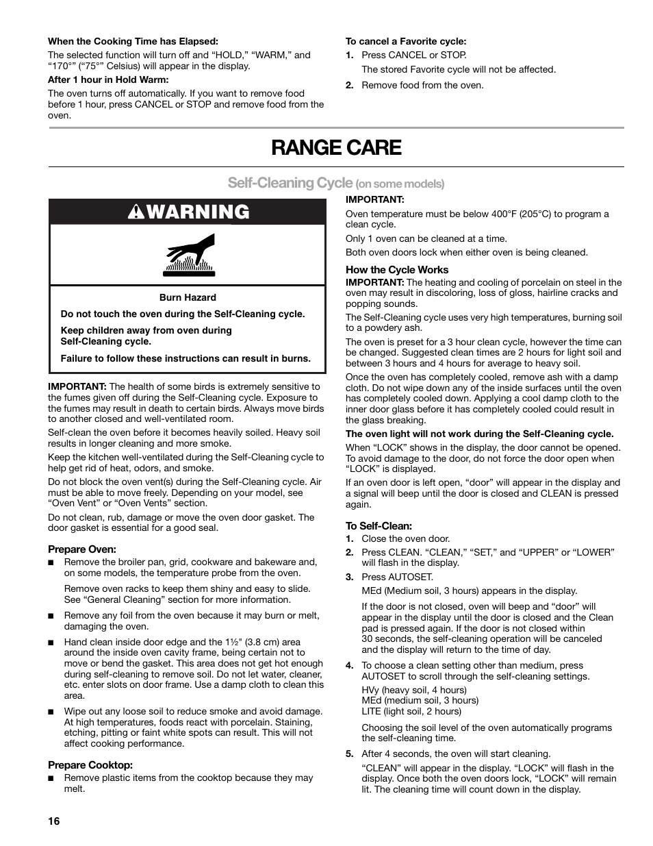 Range care, Warning, Self-cleaning cycle | Kenmore 66578002700 User Manual | Page 16 / 44