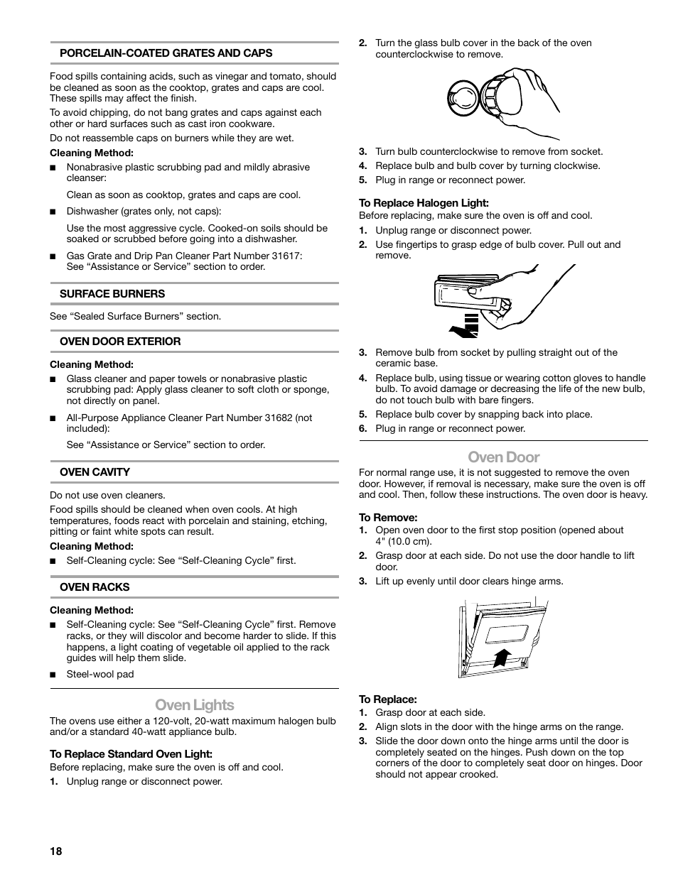 Oven lights, Oven door | Kenmore 66578002700 User Manual | Page 18 / 44