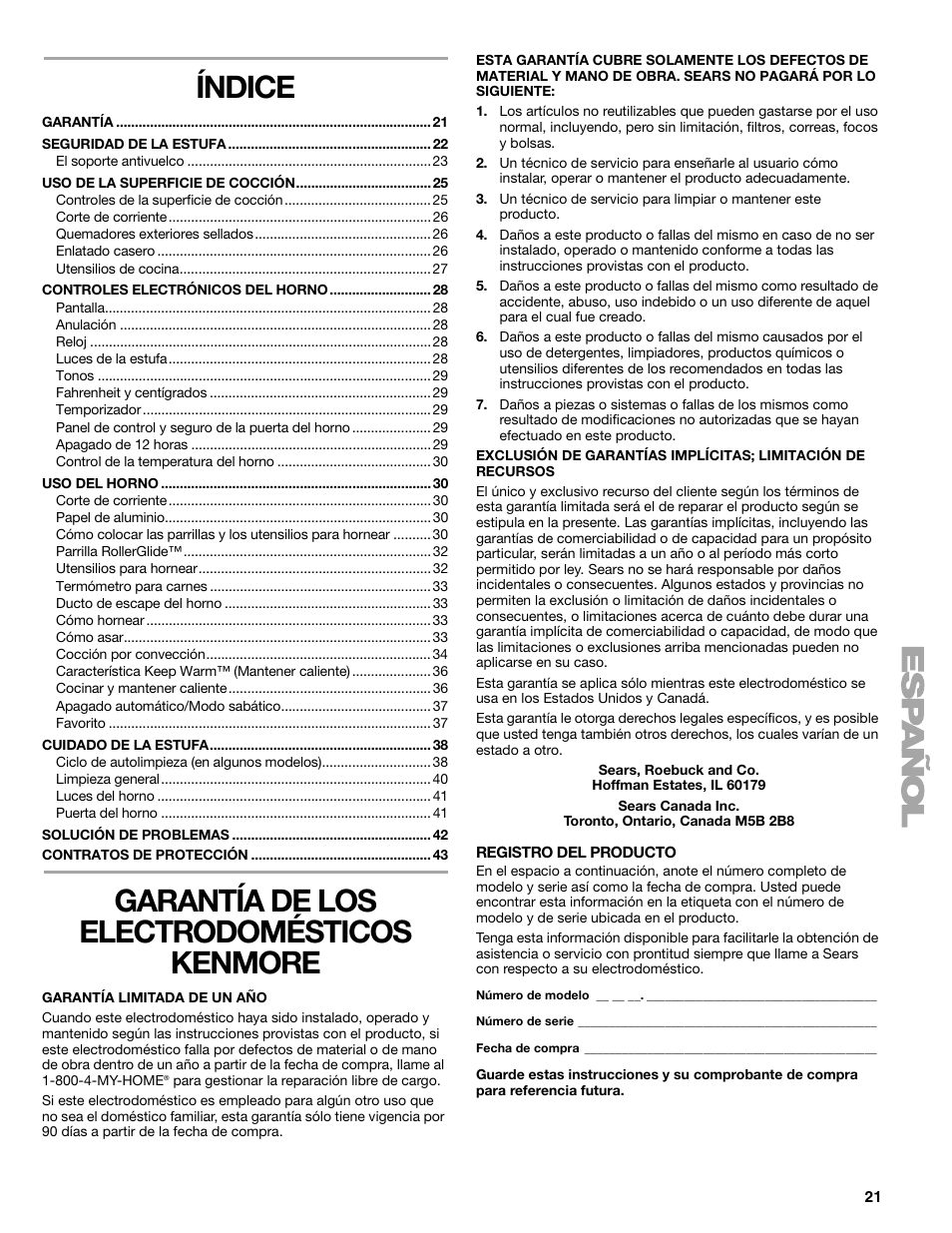 Índice, Garantía de los electrodomésticos kenmore | Kenmore 66578002700 User Manual | Page 21 / 44