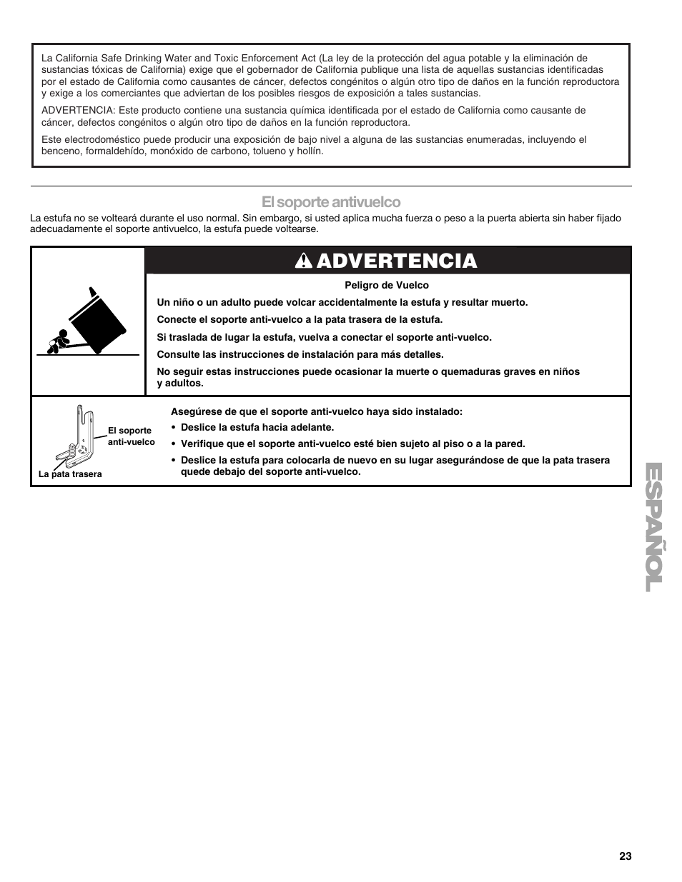 Advertencia, El soporte antivuelco | Kenmore 66578002700 User Manual | Page 23 / 44