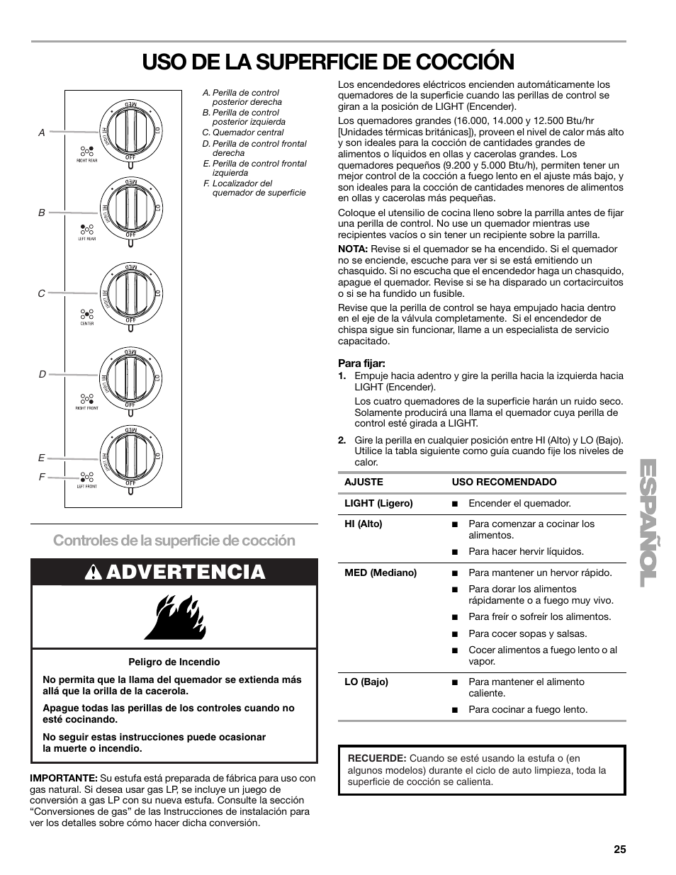 Uso de la superficie de cocción, Advertencia, Controles de la superficie de cocción | Kenmore 66578002700 User Manual | Page 25 / 44