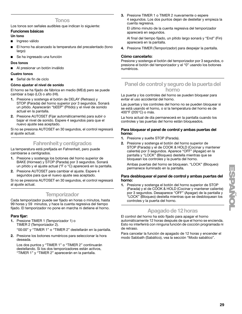 Tonos, Fahrenheit y centígrados, Temporizador | Panel de control y seguro de la puerta del horno, Apagado de 12 horas | Kenmore 66578002700 User Manual | Page 29 / 44