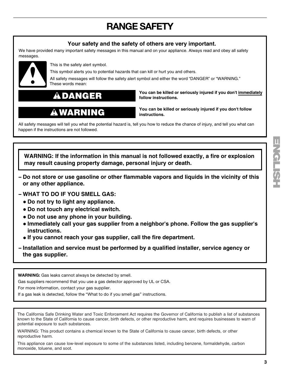 Range safety, Danger warning | Kenmore 66578002700 User Manual | Page 3 / 44