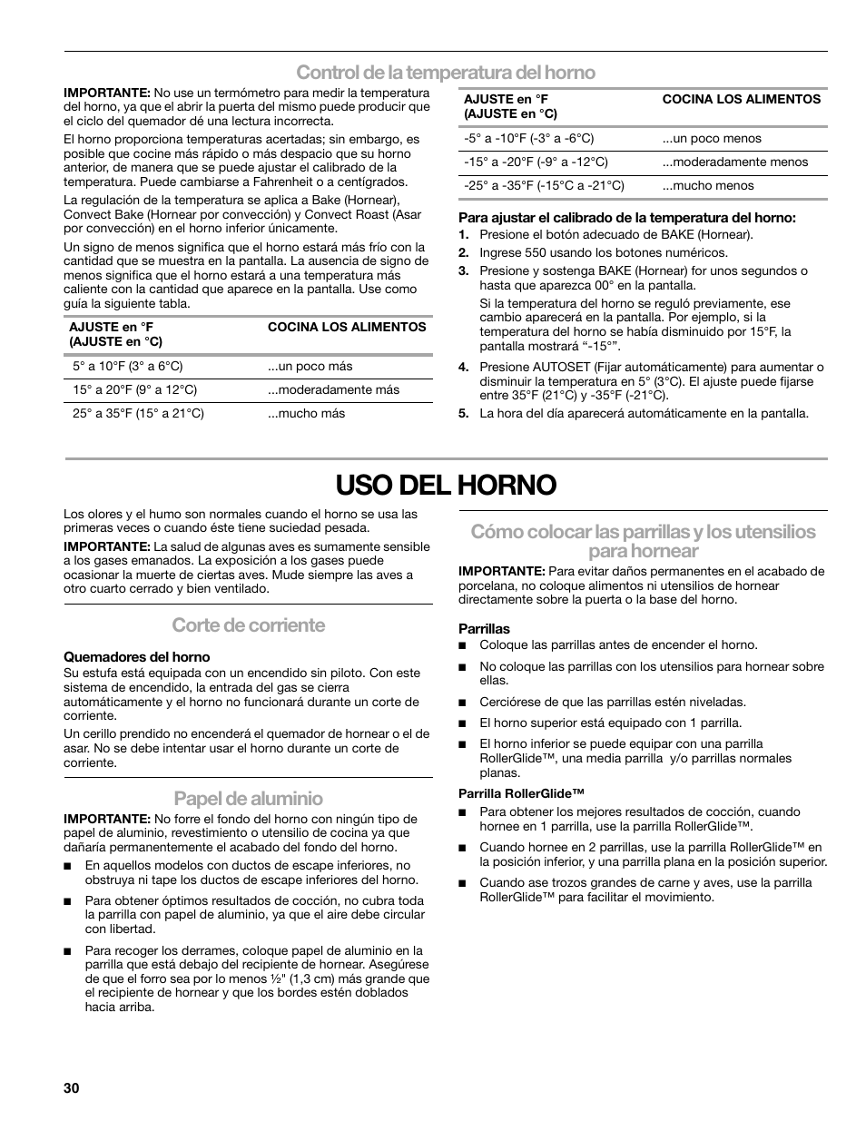 Uso del horno, Control de la temperatura del horno, Corte de corriente | Papel de aluminio | Kenmore 66578002700 User Manual | Page 30 / 44