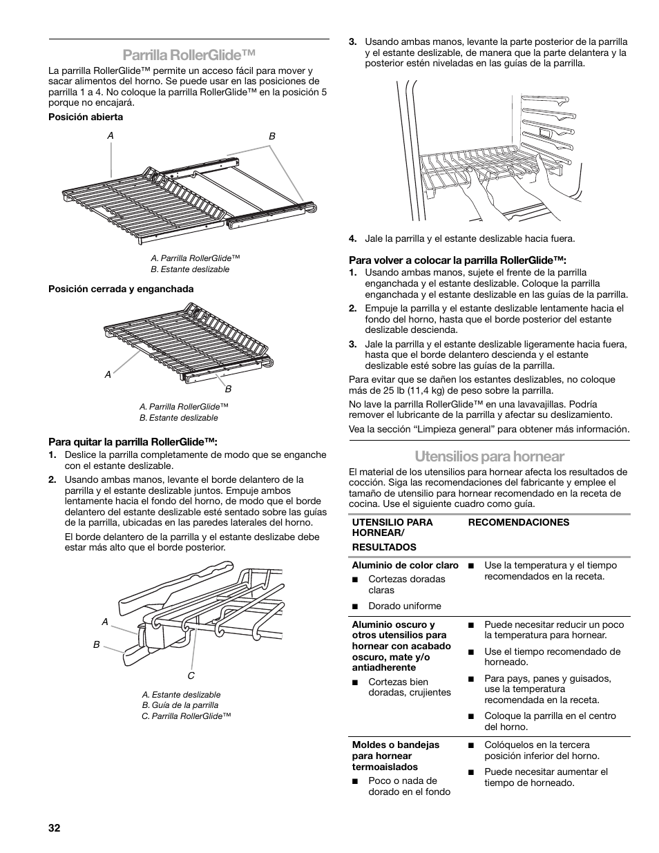 Parrilla rollerglide, Utensilios para hornear | Kenmore 66578002700 User Manual | Page 32 / 44