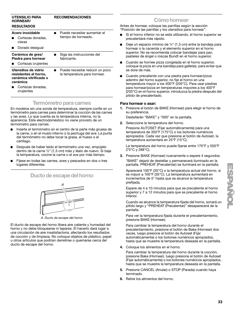 Termómetro para carnes, Ducto de escape del horno, Cómo hornear | Kenmore 66578002700 User Manual | Page 33 / 44