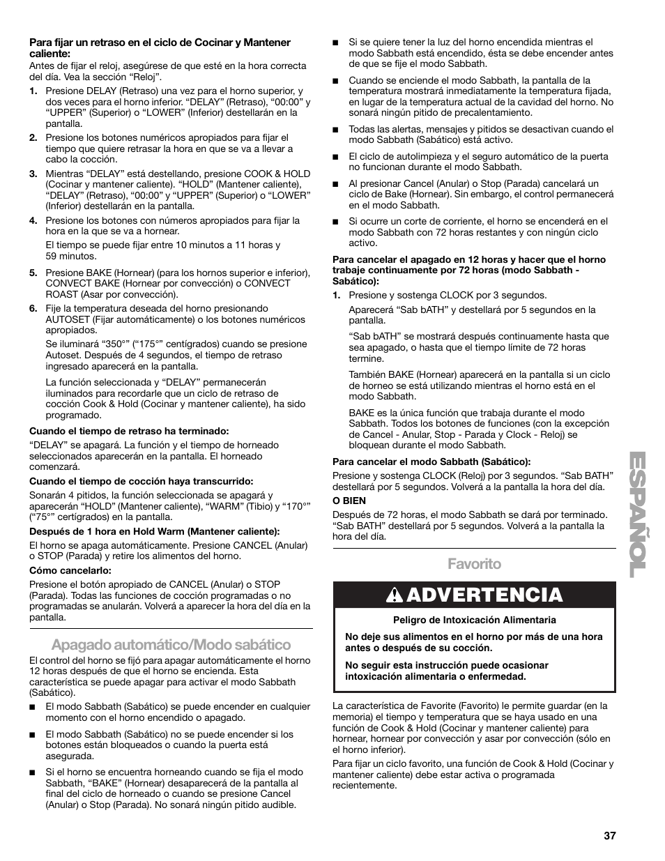 Advertencia, Apagado automático/modo sabático, Favorito | Kenmore 66578002700 User Manual | Page 37 / 44