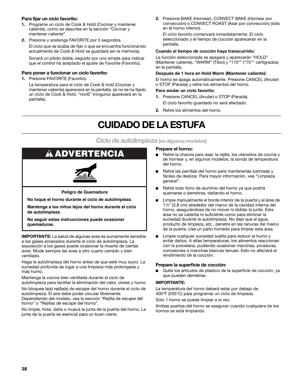 Cuidado de la estufa, Advertencia, Ciclo de autolimpieza | Kenmore 66578002700 User Manual | Page 38 / 44