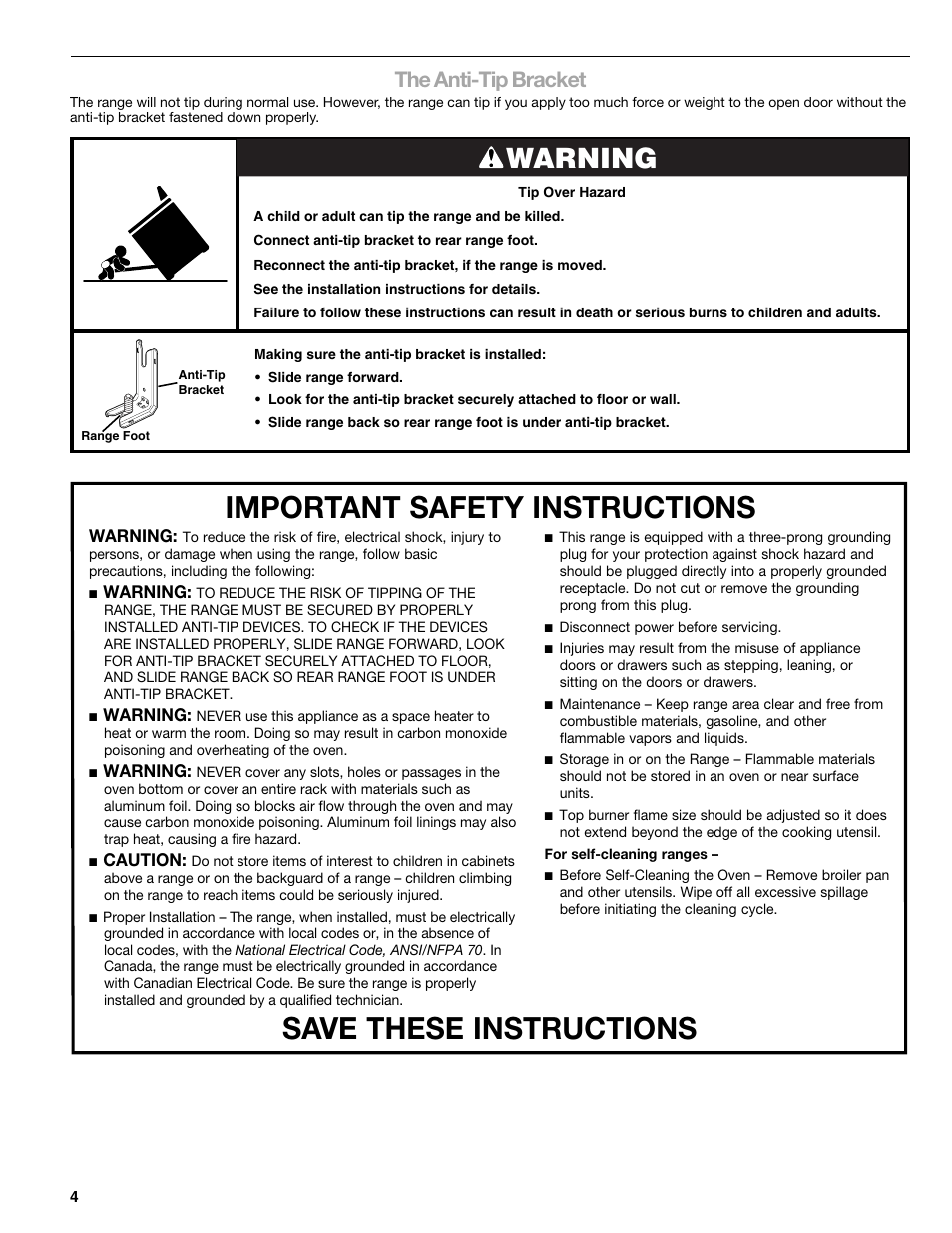 Warning, The anti-tip bracket | Kenmore 66578002700 User Manual | Page 4 / 44