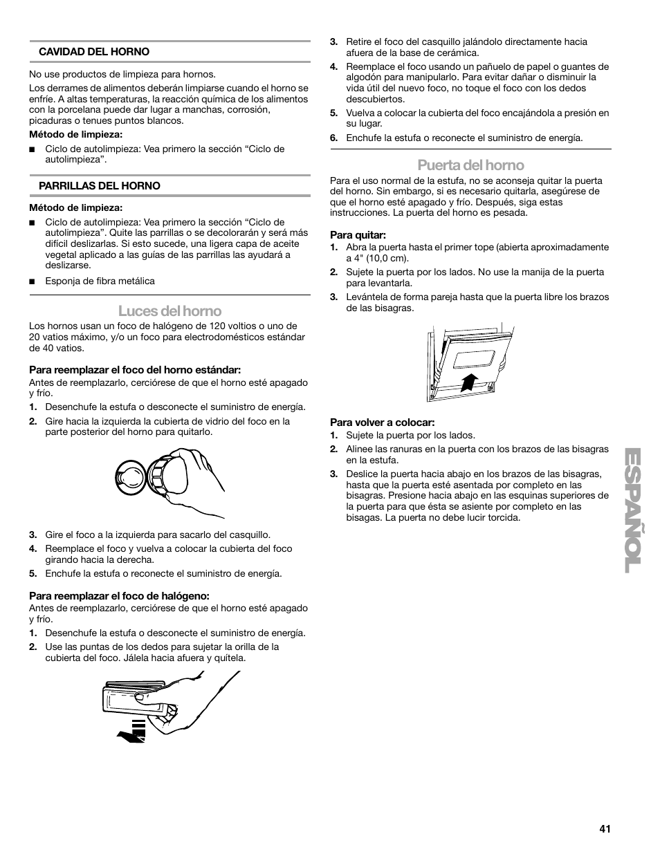 Luces del horno, Puerta del horno | Kenmore 66578002700 User Manual | Page 41 / 44