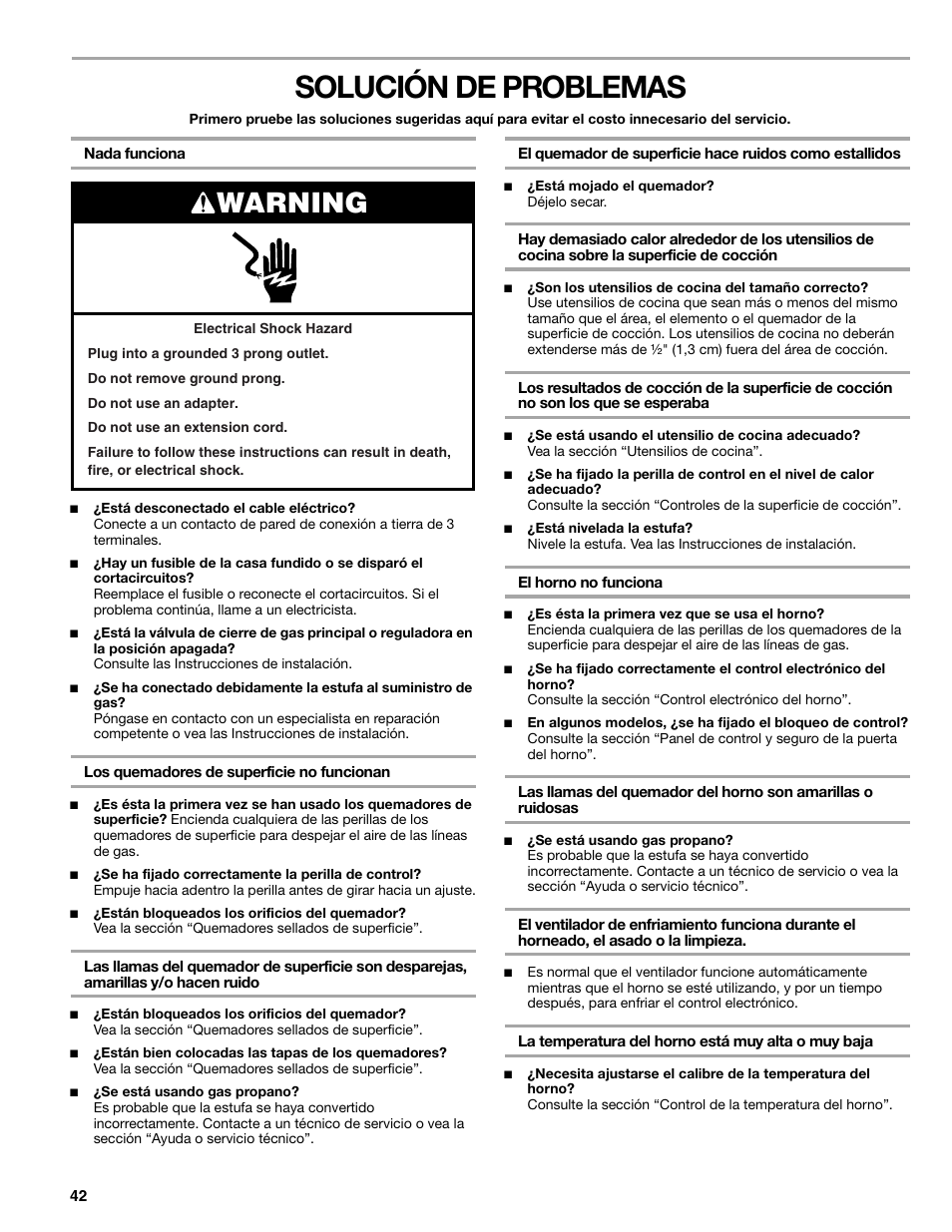 Solución de problemas, Warning | Kenmore 66578002700 User Manual | Page 42 / 44