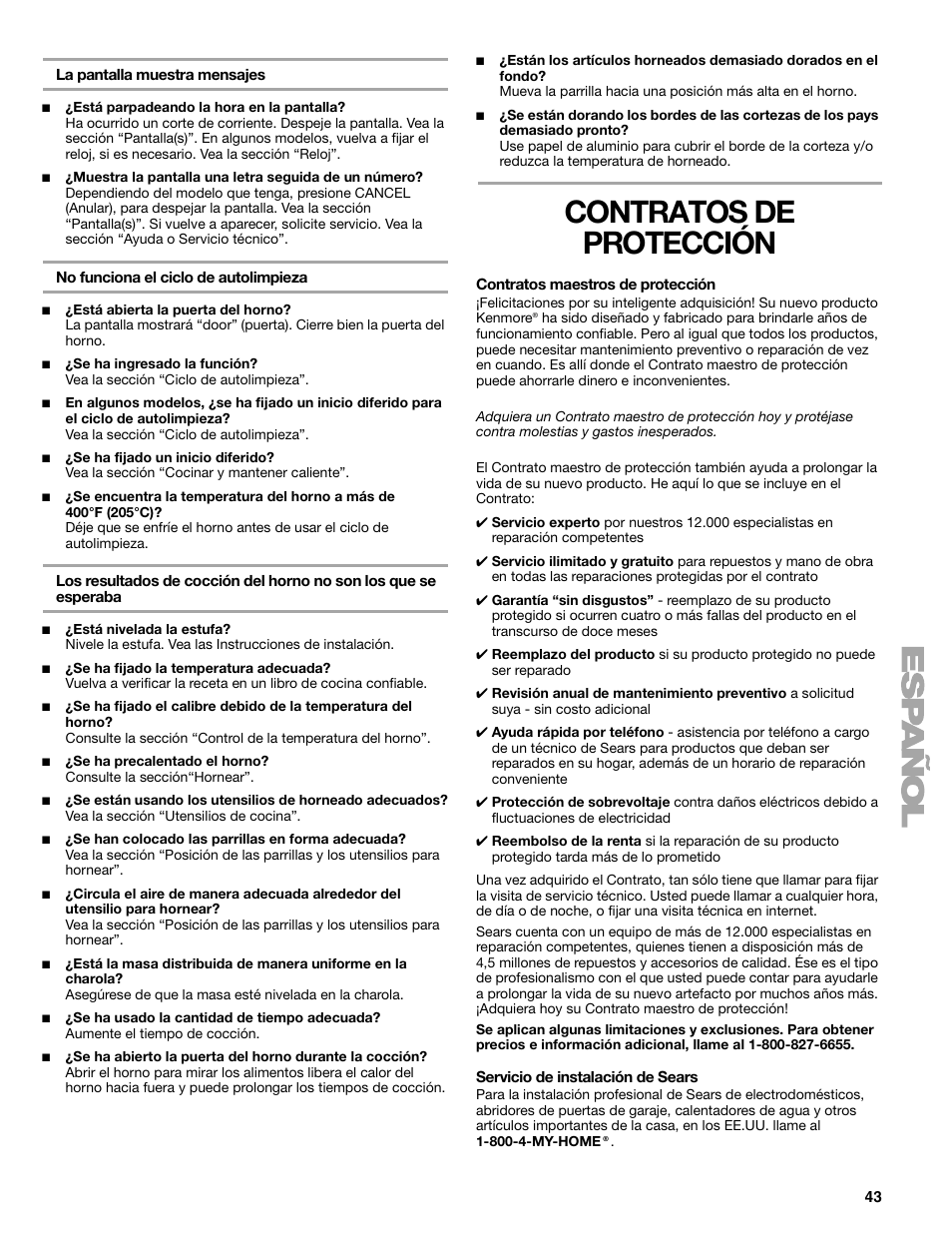 Contratos de protección | Kenmore 66578002700 User Manual | Page 43 / 44
