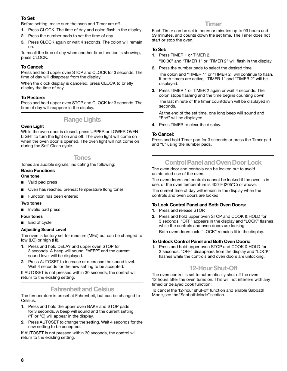 Range lights, Tones, Fahrenheit and celsius | Timer, Control panel and oven door lock, Hour shut-off | Kenmore 66578002700 User Manual | Page 8 / 44