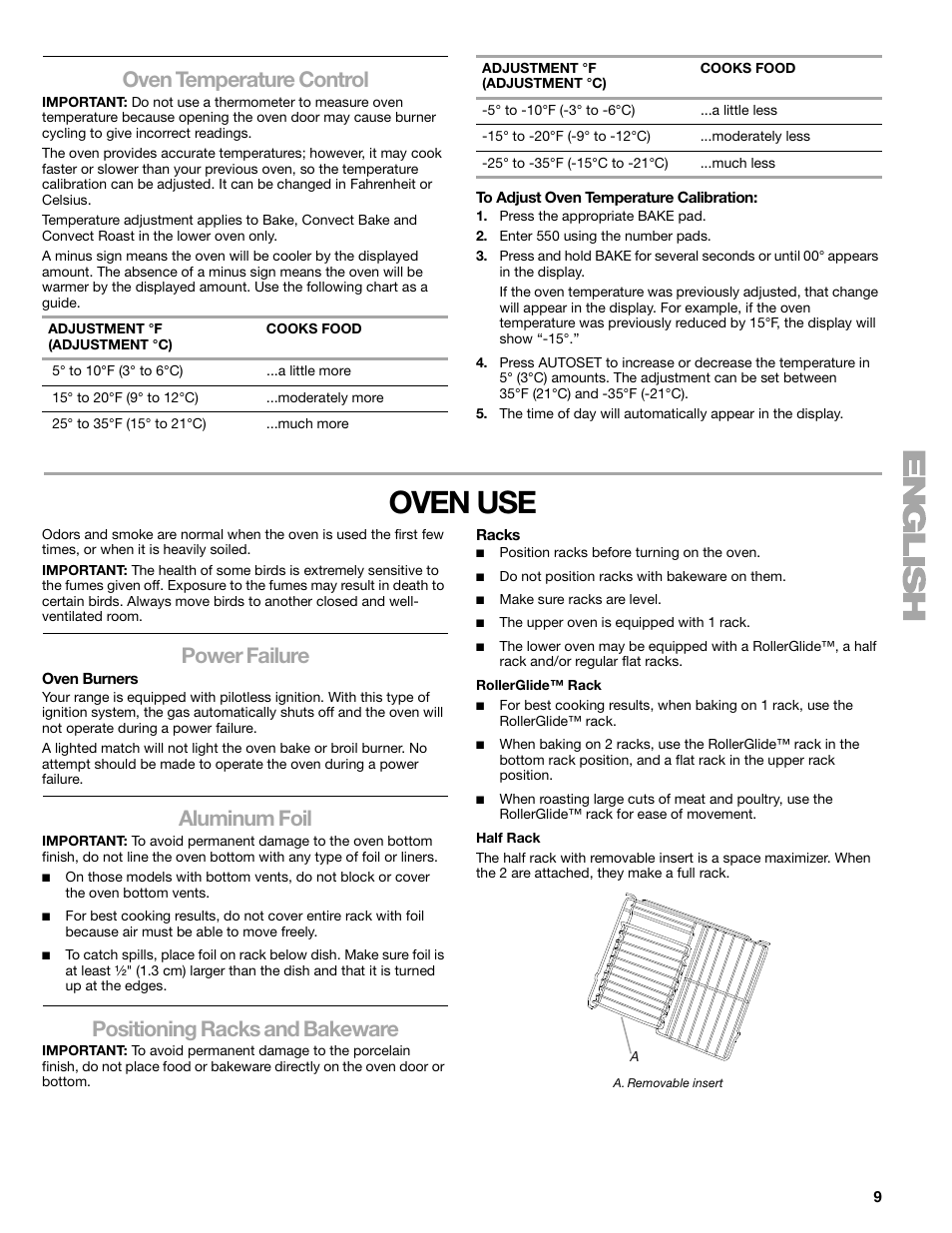 Oven use, Oven temperature control, Power failure | Aluminum foil, Positioning racks and bakeware | Kenmore 66578002700 User Manual | Page 9 / 44