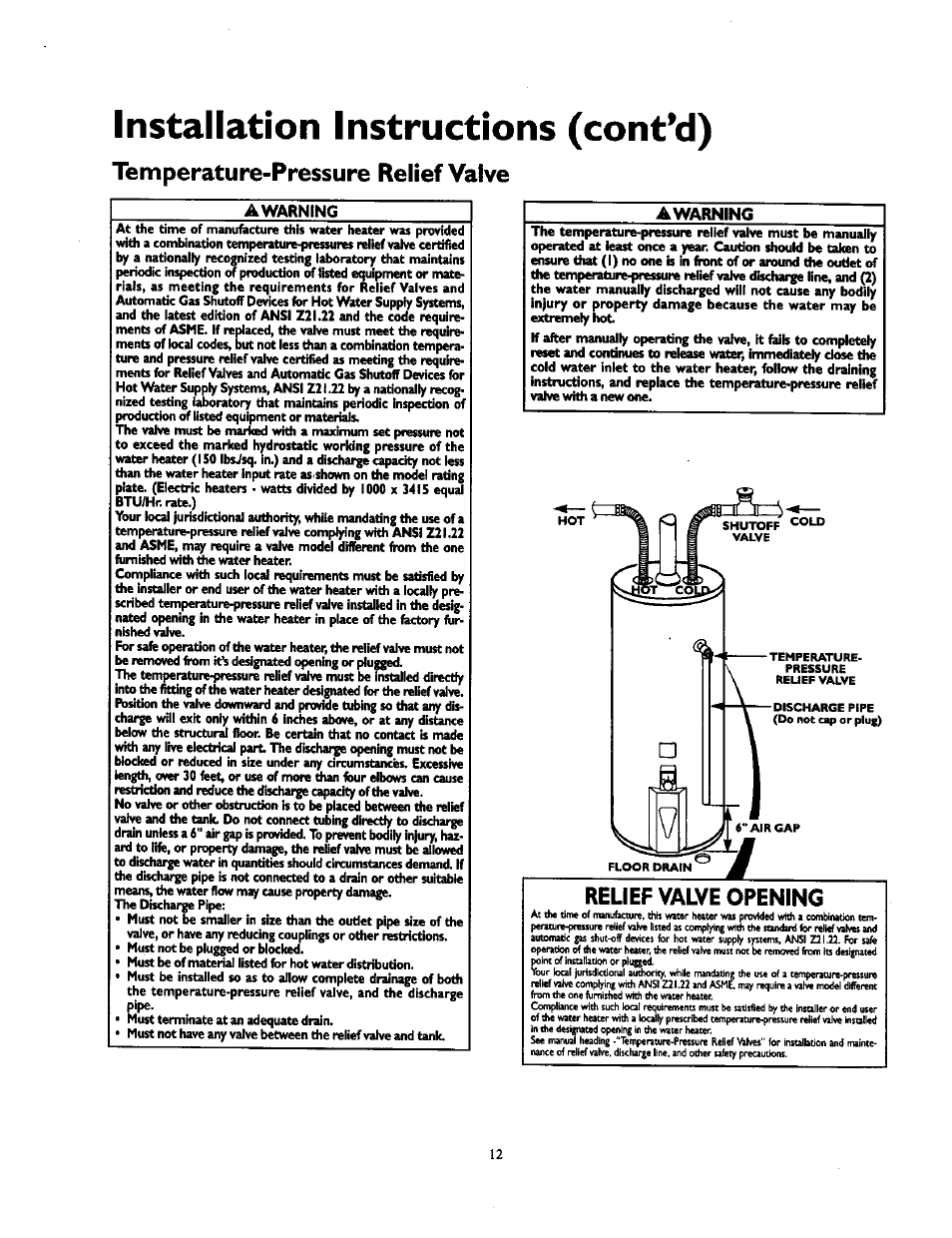 Installation instructions (cont*d), Temperature-pressure relief valve, Temperature-pressure relief valve operation | Relief valve opening | Kenmore 153.337213 User Manual | Page 12 / 36