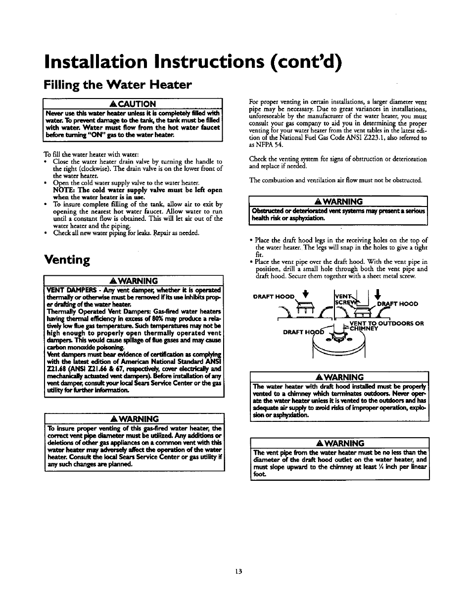 Filling the water heater, Venting, Installation instructions (cont’d) | Kenmore 153.337213 User Manual | Page 13 / 36