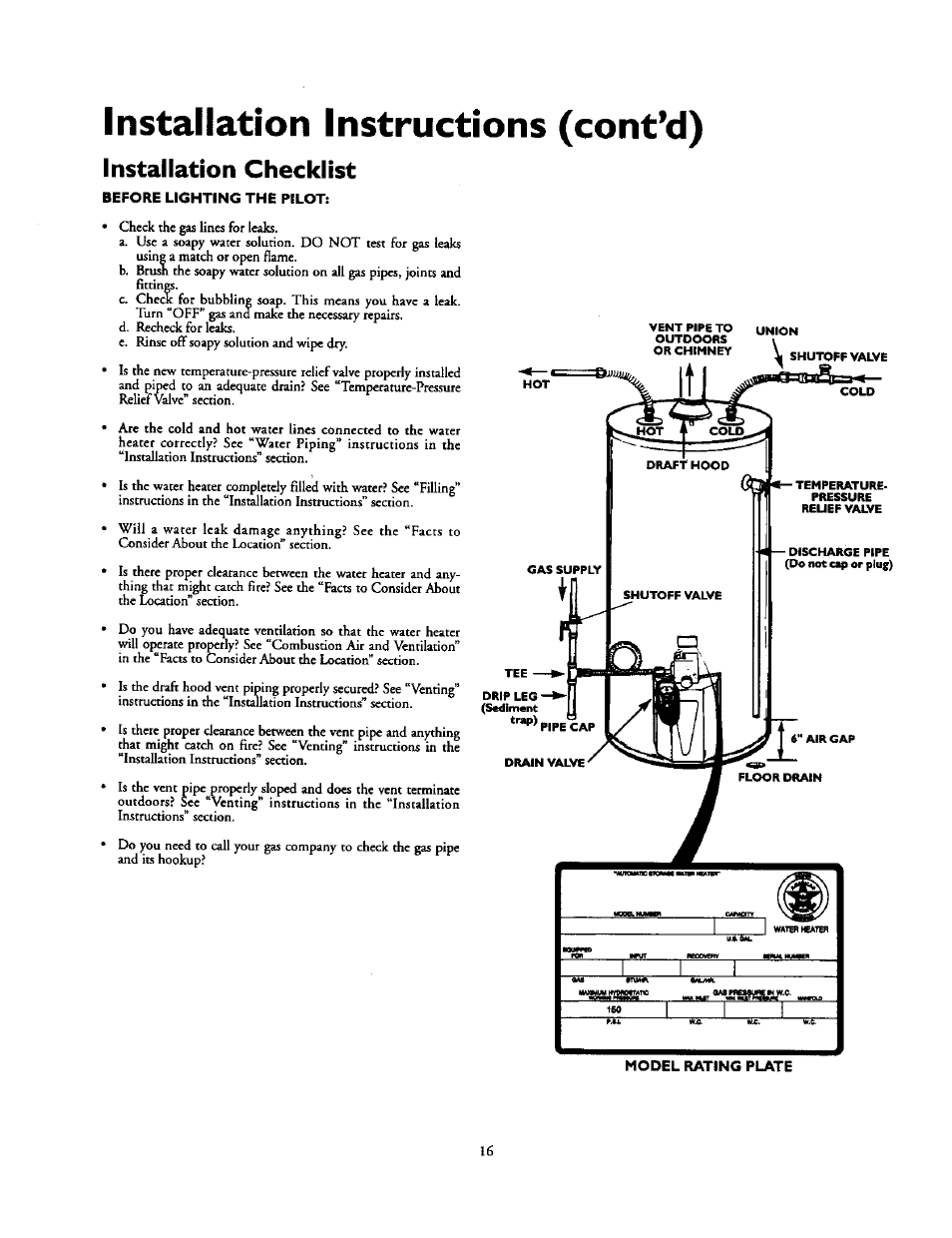 Installation checklist, Installation instructions (cont'd) | Kenmore 153.337213 User Manual | Page 16 / 36