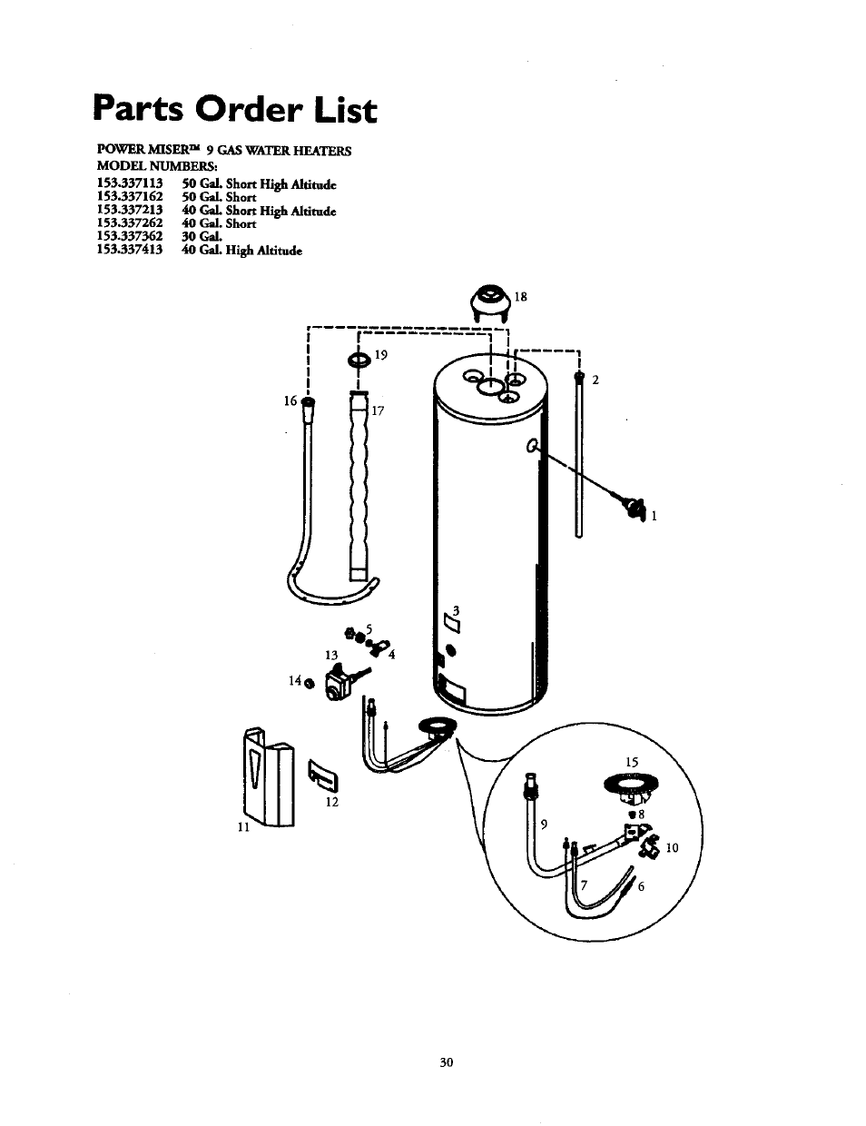 Parts order list | Kenmore 153.337213 User Manual | Page 30 / 36