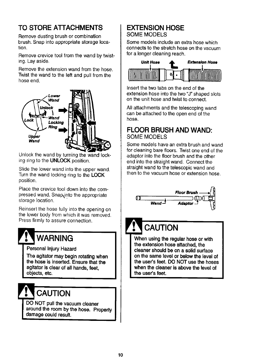 Warning, Caution, Extension hose | Floor brush and wand | Kenmore 116.31912 User Manual | Page 10 / 40