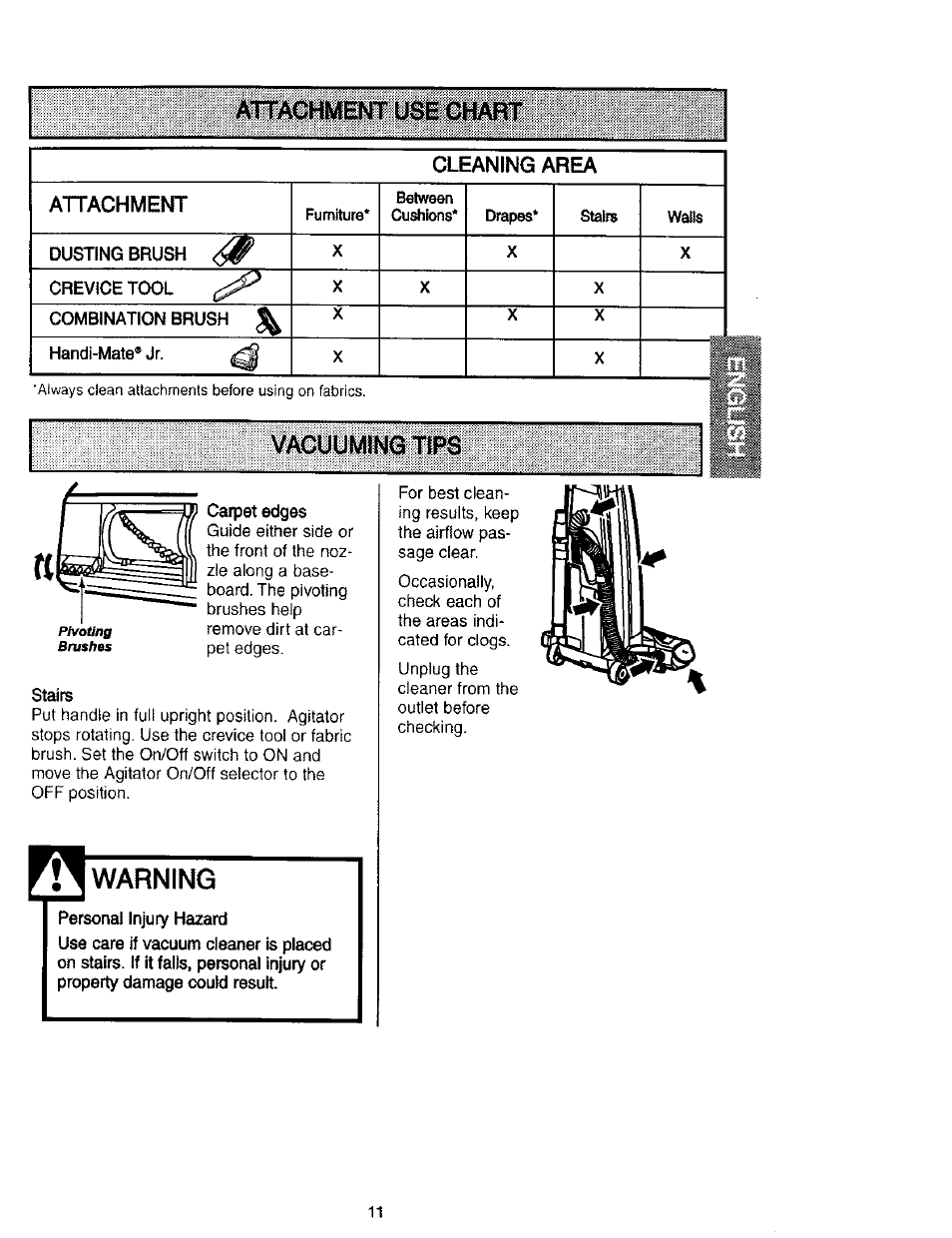 Vacuuming tips, Carpet edges, St^rs | Warning, Personal injury hazard | Kenmore 116.31912 User Manual | Page 11 / 40