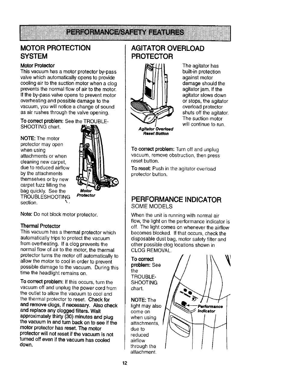 F»erfobmance/s^ety features, Motor protector, Thermal protector | Performance/safety features -13, Agitator overload protector, Performance indicator | Kenmore 116.31912 User Manual | Page 12 / 40