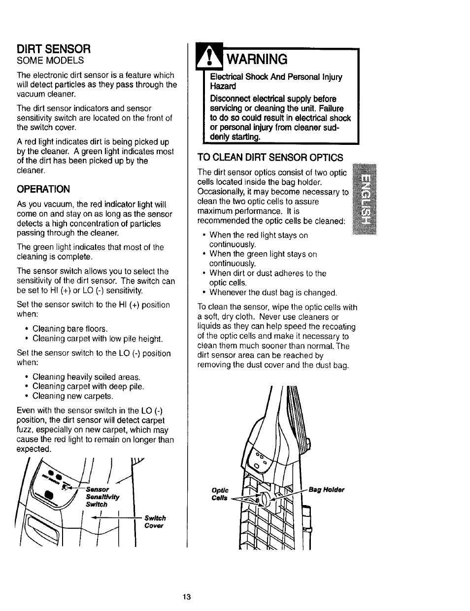 Dirt sensor, Warning | Kenmore 116.31912 User Manual | Page 13 / 40