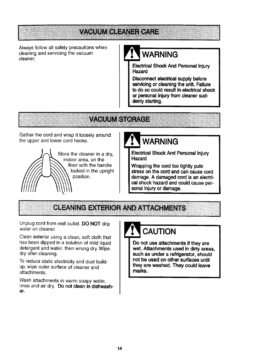 Vacuum cleaner care, Warning, Vacuum storage | Aeaning exterior and attachments, Caution, Cleaning exterior and attachments | Kenmore 116.31912 User Manual | Page 14 / 40