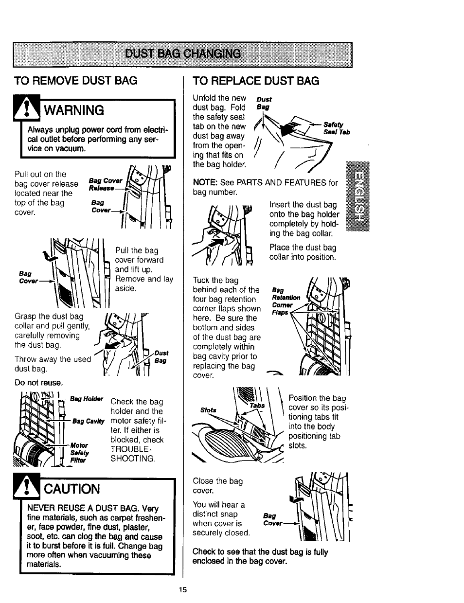 Dust bao changing, Warning, Caution | Dust bag changing, Dust bao changing to remove dust bag | Kenmore 116.31912 User Manual | Page 15 / 40