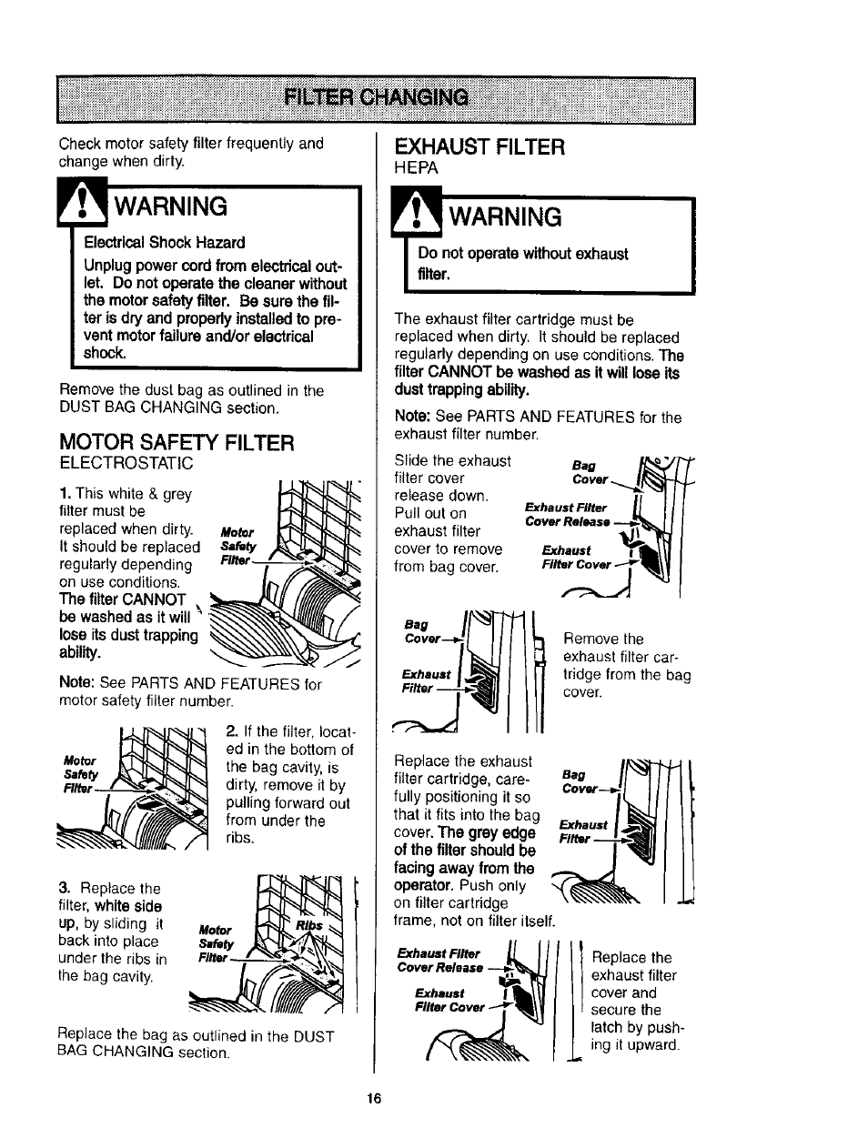 Filter changina, Warning, Filter changing | Motor safety filter, Exhaust filter | Kenmore 116.31912 User Manual | Page 16 / 40