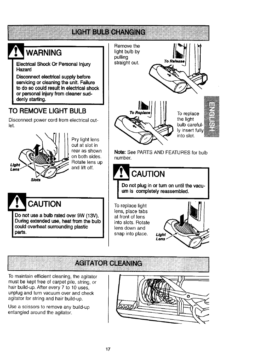 Warning, Caution, Agitator cleaning | Kenmore 116.31912 User Manual | Page 17 / 40