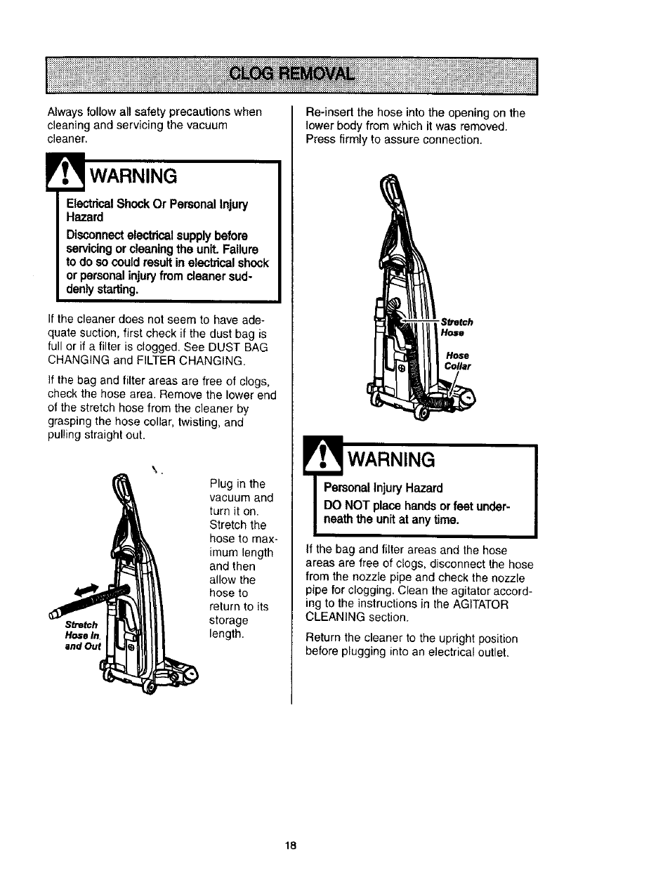 Cljqe removal, Warning, Clog removal | Kenmore 116.31912 User Manual | Page 18 / 40